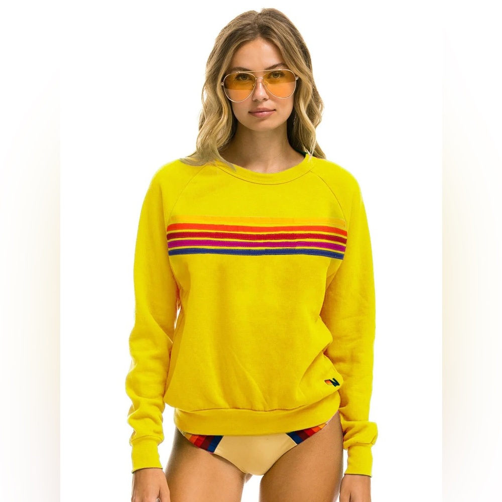 AVIATOR NATION UNISEX 5 STRIPE UNISEX CREW SWEATSHIRT LEMON/YELLOW PURPLE LARGE